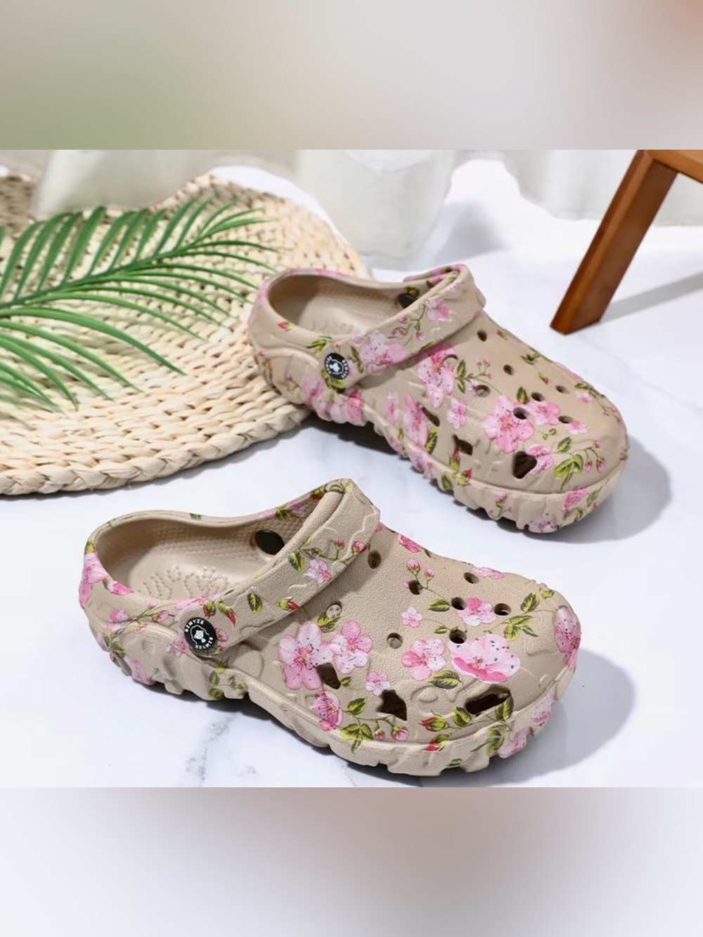 Woman’s Beige Floral Clog Shoes with Wedge Heel & Adjustable Heel Straps 8